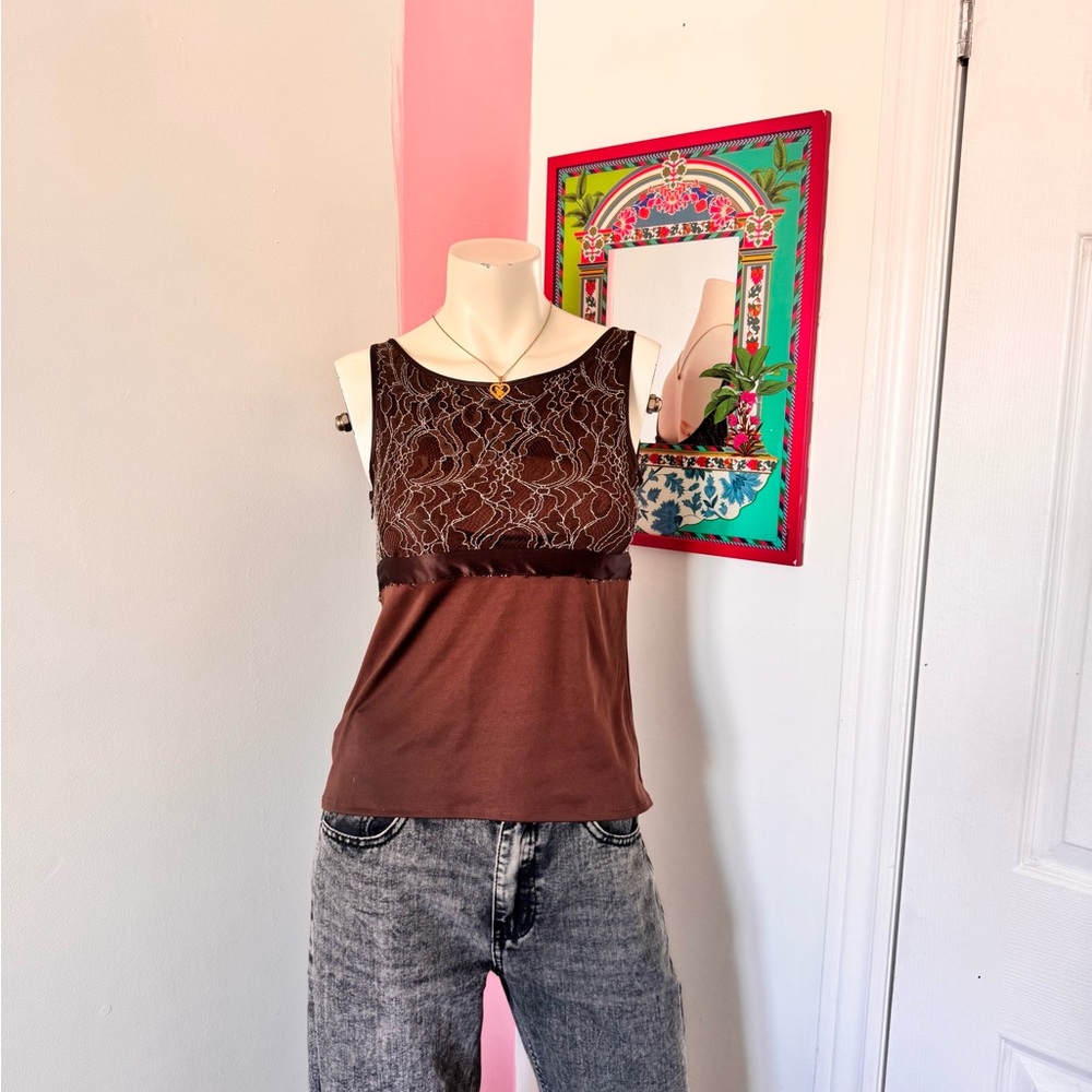 Merona Brown Lace-Trim Floral Detail Sleeveless Top